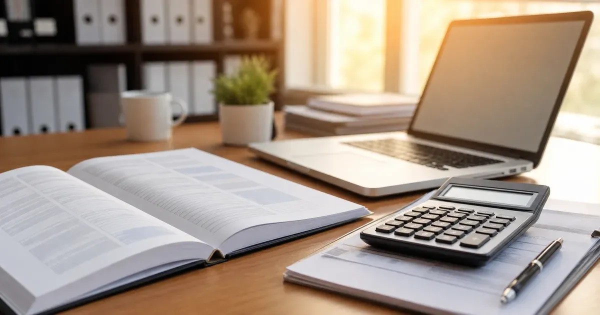 A medical billing desk with an open coding reference, a calculator and a laptop in warm light