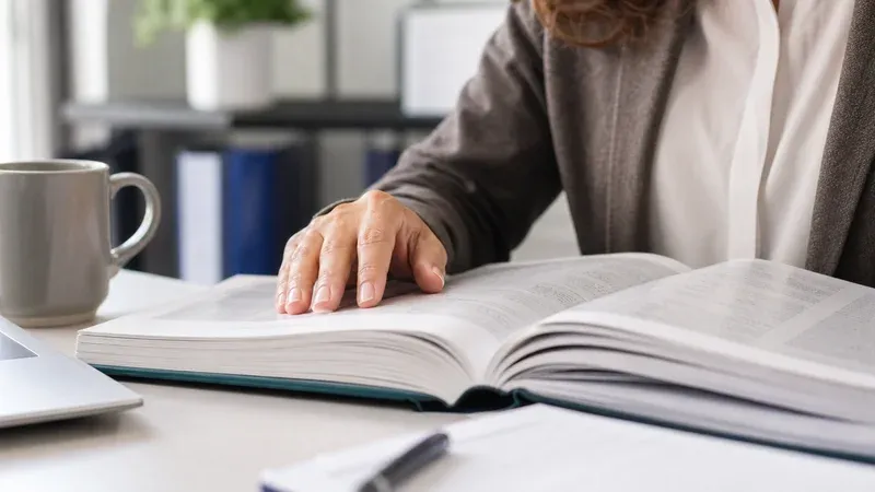 A coder's hand resting on an open medical classification manual beside a coffee cup