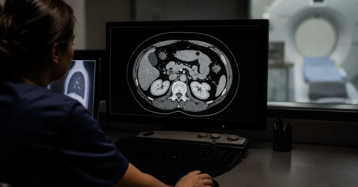 Una sala de lectura de radiología con un monitor en escala de grises que muestra una tomografía transversal con luz tenue
