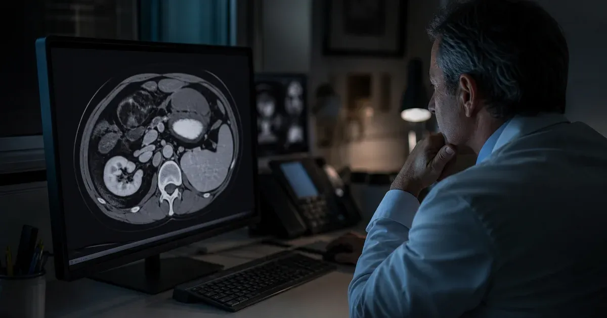 Una sala de lectura de radiología en penumbra con un puesto que muestra una imagen transversal en escala de grises en un gran monitor