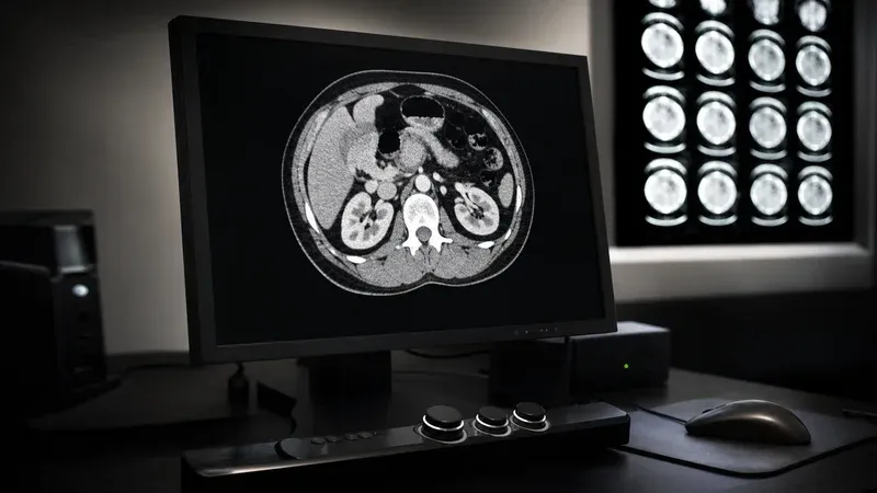 Un monitor diagnóstico en escala de grises sobre un escritorio de radiología oscuro, con ruedas de ajuste y un ratón en primer plano