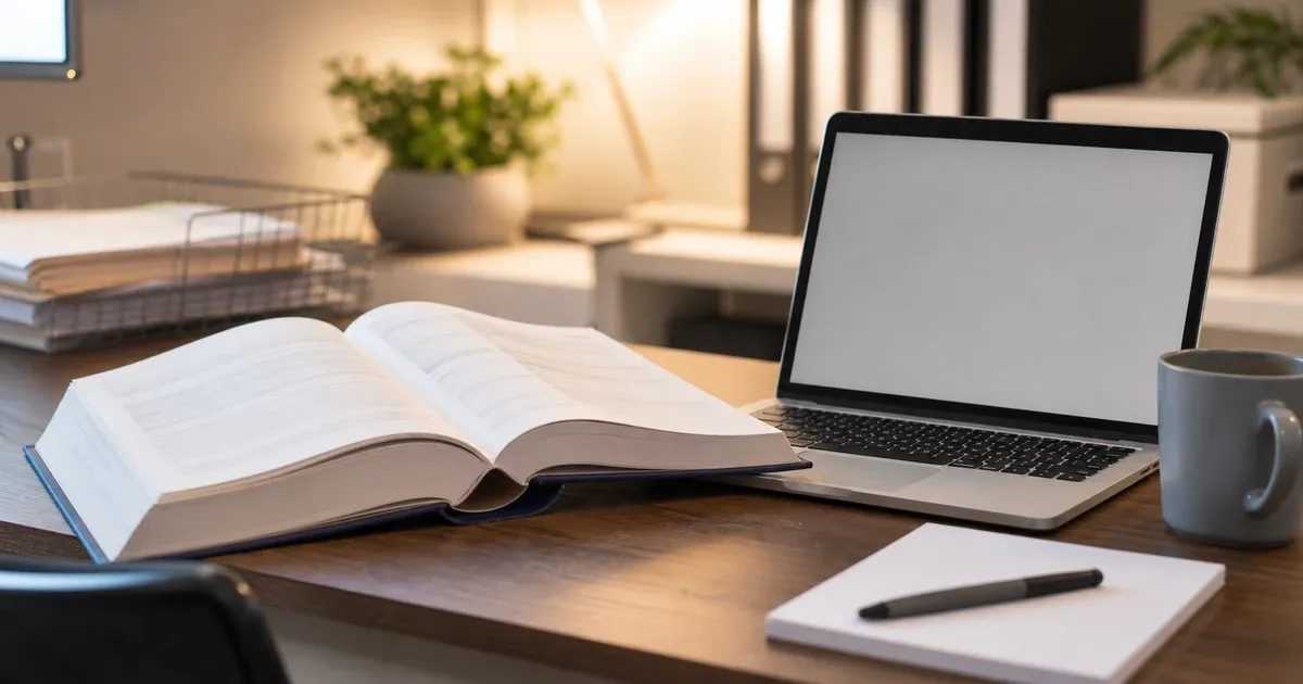 An open coding reference book on a tidy medical records desk beside a laptop and a coffee mug