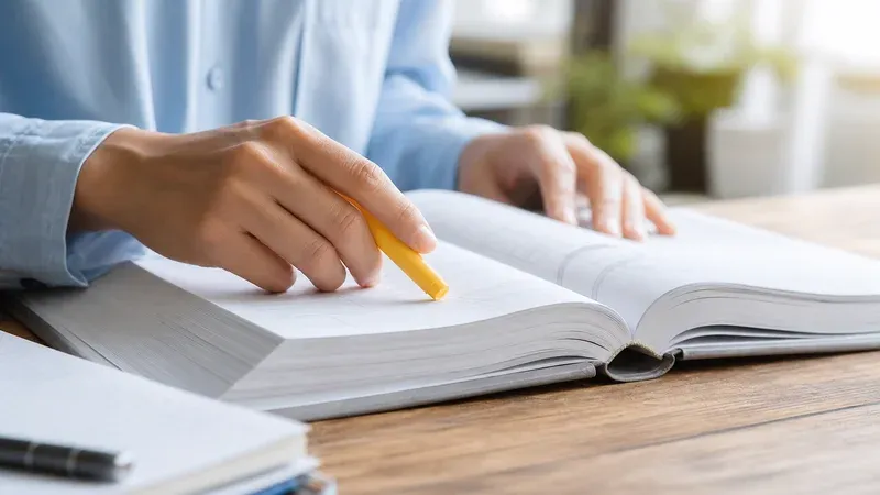 A coder's hands using a highlighter over a thick medical classification manual