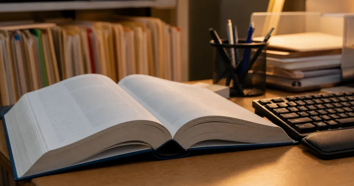A medical coder's desk with a thick classification reference book open beside a computer keyboard