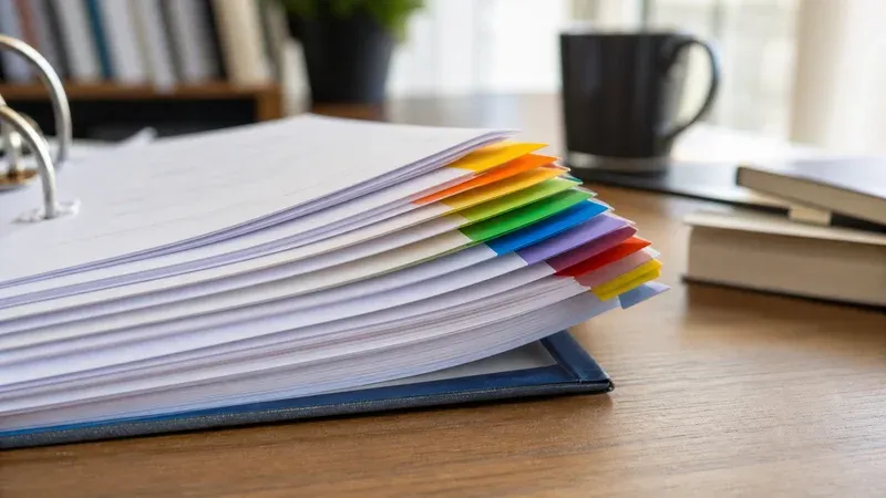 Colour-tabbed divider pages fanned across a reference binder on a wooden desk