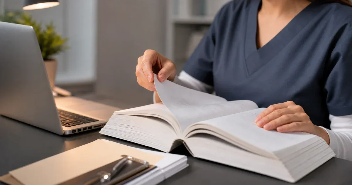Las manos de un codificador médico pasando las páginas de un grueso manual de clasificación junto a un portátil