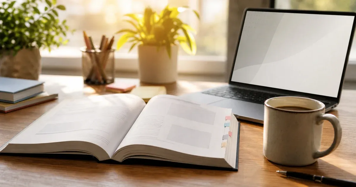 A medical coder's desk with an open coding reference book, a laptop and a coffee mug in warm morning light