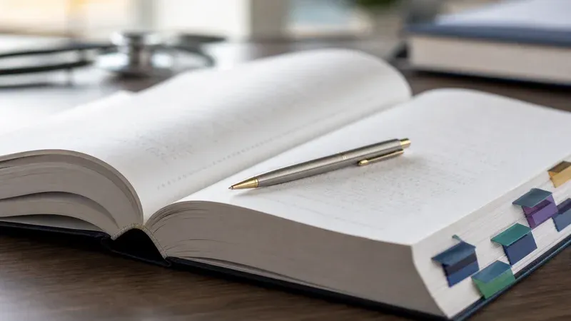 Close-up of a thick open medical classification reference book with tabbed pages and a pen resting on it