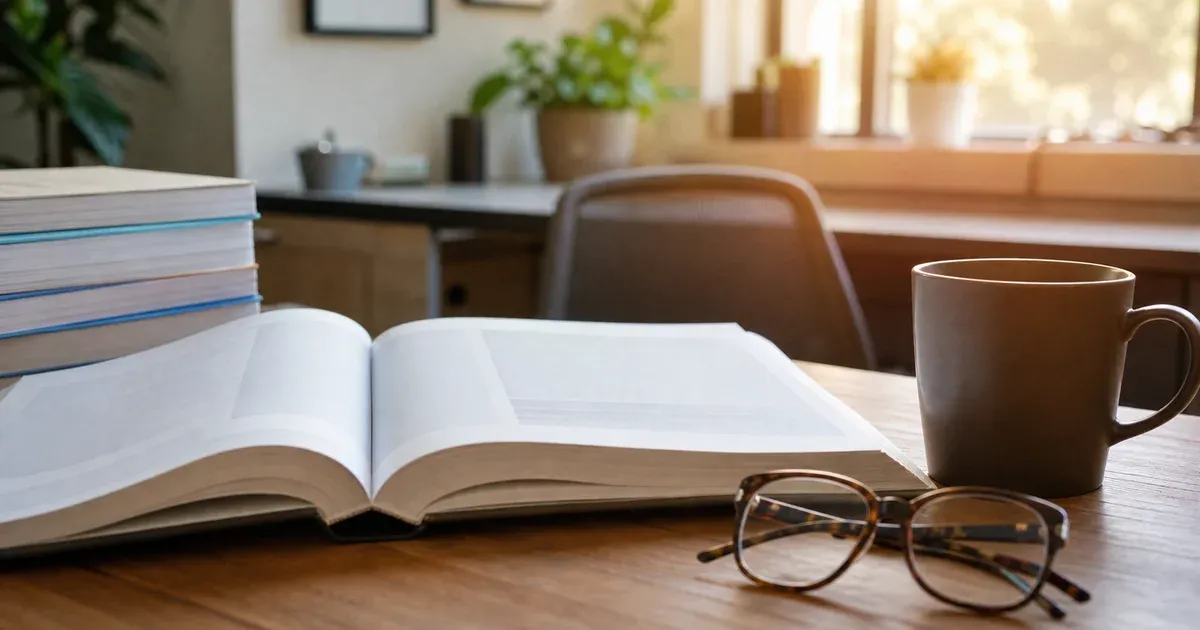 A medical coding workspace with an open reference manual, reading glasses and a coffee mug on a wooden desk
