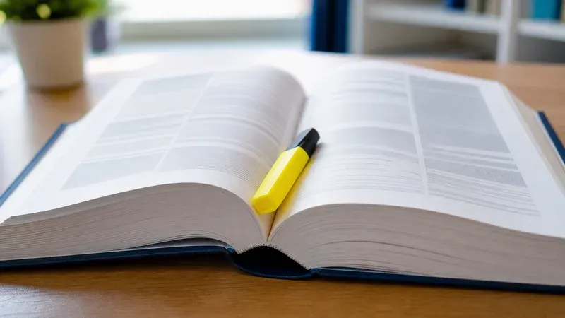 A thick classification reference book lying open with a yellow highlighter resting across the pages
